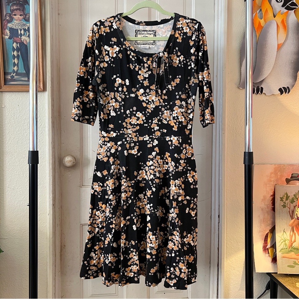 Effie’s Heart Black/Orange Floral Dress, Size L, Pockets!